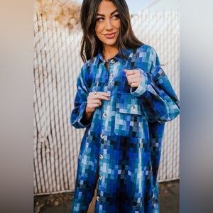 Dressed in LALA Blue Multi-Check Long Button Shacket